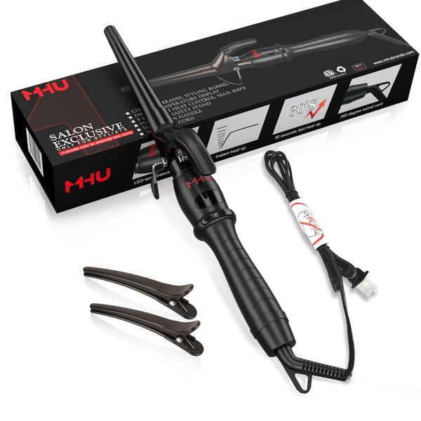 MHU PRO Tapered Curling Wand with Short Clamp, 1-1/2 Inch Curling Iron One Barrel Multiple Size, 9 Temperature Settings for 280℉-400℉, Automatic Shut-Off