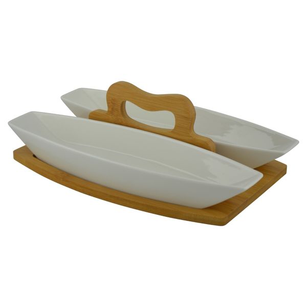 Whiteware Ceramic Double Serving Bowl on Bamboo Serving Board