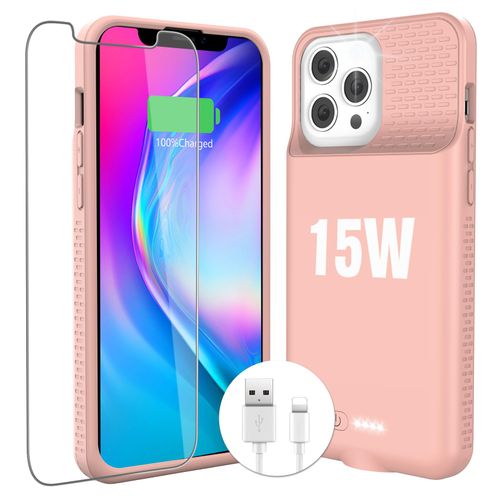 KKD Charging Case for iPhone 12 Pro Max,15W Fast Charging Real 8000mAh Smart Battery Charger Case with TPU Anti-Slip Design and Anti-Abrasion Flocking for iPhone 12 Pro Max Pink