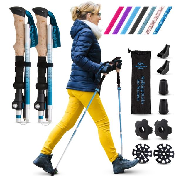 Walking Sticks for Women - 14.5" Foldable Hiking Poles for Backpacking, Exercising and Traveling, Set of 2 Aluminum Nordic Collapsible Trekking Poles (100-120cm, Light Blue)