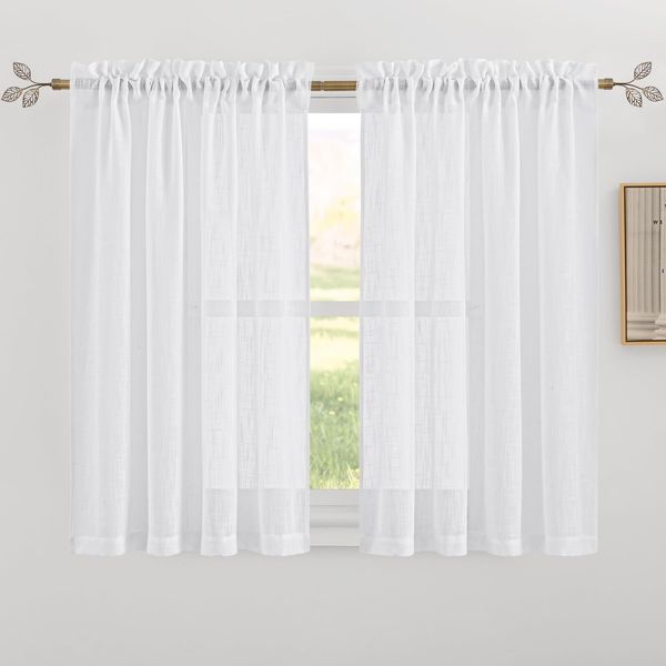 RYB HOME Short White Linen Curtains 45 inches Long, Cortinas para Cuarto Semi Sheer Curtains Rod Pocket Bedroom Kitchen Bathroom Window, White, W 52 x L 45, Set of 2