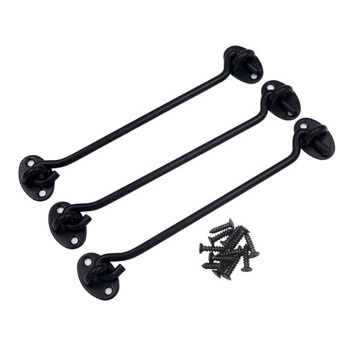 DGOL 3 Packs 8 inch Stainless Steel Eye Door Hold Cabin Hook Black Back Open Classic Cast Gate Latch Window Holder