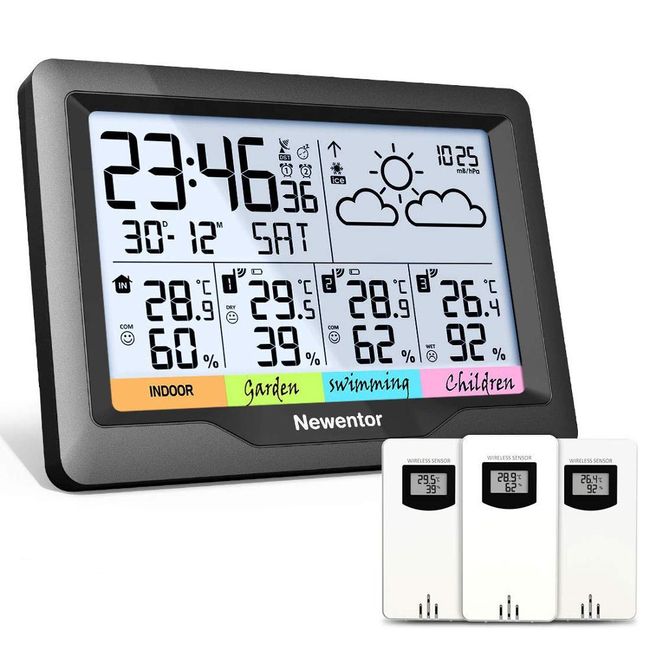 Weather Station,Wireless Indoor Outdoor Thermometer,LCD Digital Display Weather  Thermometer with Temperature,Humidity,Calendar,4 Mode Weather Forecast,Snooze  Function Alarm Clock