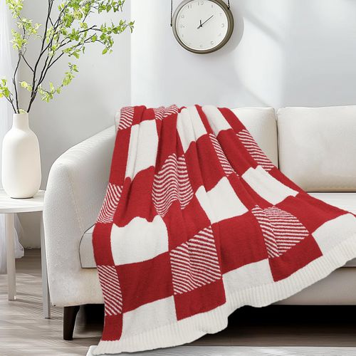 MACEVIA Red Checkered Throw Blanket, Super Soft Cozy Fuzzy Knit Blanket, 50" x 60", for Couch, Sofa, Chair, Bed, Camping, Travel