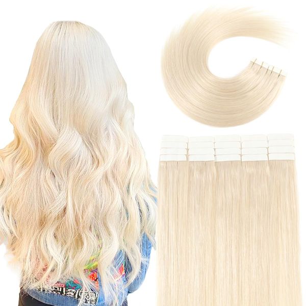 VINBAO Tape in Extensions Echthaar Blond Remy Haar Haarverlängerung Echthaar Platinblond Remy Invisible Tape Extensions 20 Stück/50g 45cm Skin Weft Tape in 18 Zoll #60