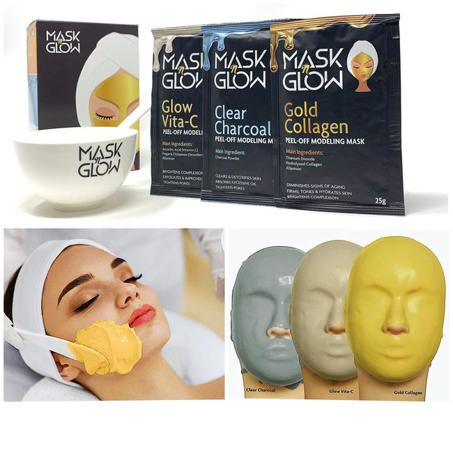 Premium Modeling Peel-Off Mask"Rubber Mask" Spa Set- 3 Treatments (Gold Collagen, Glow Vita C, Clear Charcoal) + Bowl and Spatula, Made In Korea (3 Pack, Spa Set) (3 Pack)