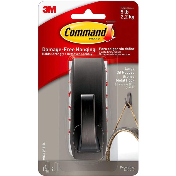 Command Large Modern Reflections Metal Hook, Oil Rubbed Bronze, 1-Hook, 2-Strips, Decorate Damage-Free
