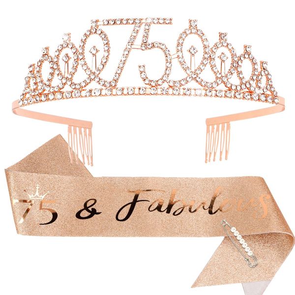 CIEHER 75th Birthday Crown + 75 & Fabulous Birthday Sash + Pearl Pin Set, 75th Birthday Gifts for Women Friends 75th Birthday Decorations Women Happy 75th Birthday Party Supplies