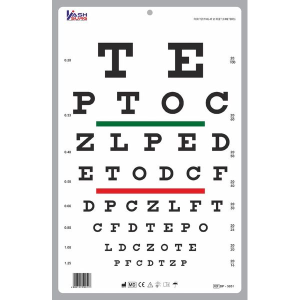 Snellen Linear Spacious Eye Chart with Red Green Bar Visual Acuity Test at 6m/20ft, 12" x 18"