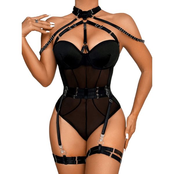 Kaei&Shi Corset Bodysuit For Women, Sheer Mesh Choker Strappy Underwire Backless Sexy Teddy Lingerie, High Cut Snap Crotch One Piece Exotic Body Suit Boudoir Going Out Black Medium