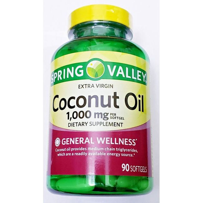 Spring Valley Coconut Oil Softgels Pills Supplement Energy Source 1000mg 90 Ct