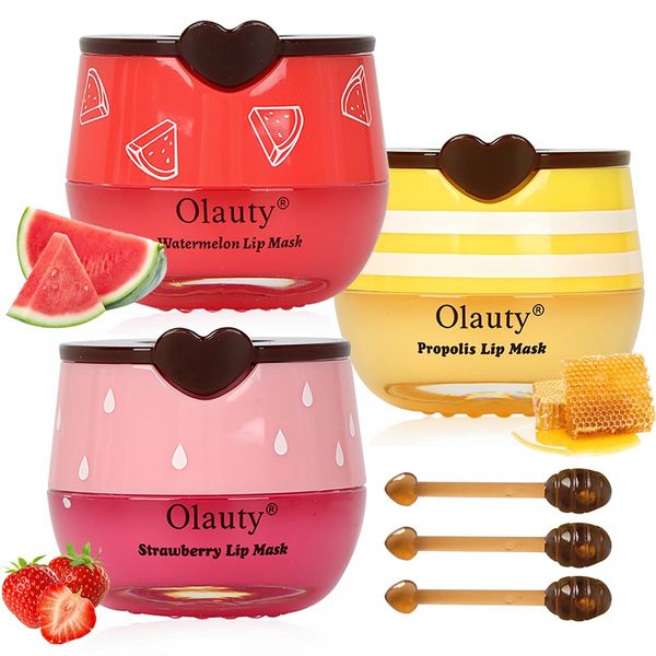 3Pcs Bee Balm Lip Balm Honey Pot, Honey & Strawberry & Watermelon Moisturising Lip Mask to Reduce Lip Lines, Sleeping Lip Mask with Sticks, Exfoliate Hydrate Prevent Dry & Cracked Lips Honey Lip Balm