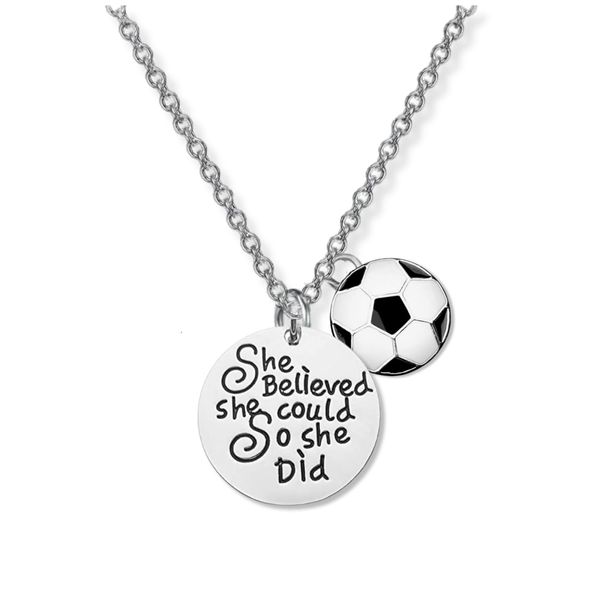 Sportybella - Soccer Charm Necklace, Engraved (She Believed, She Could, So She Did) Pendant Necklace, Personalized Necklace with Inspirational and Soccer Charm, Personalized Gifts for Women