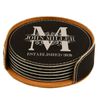 Personalized Black/Silver Royal Monogram Design Round Leatherette Coaster Set of 6