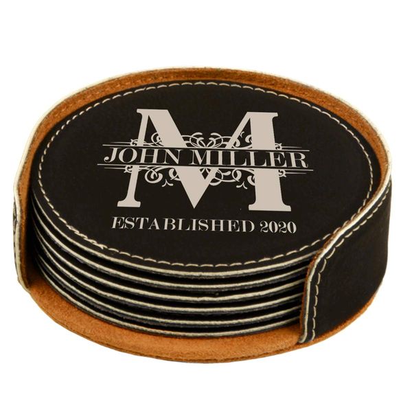 Personalized Black/Silver Royal Monogram Design Round Leatherette Coaster Set of 6