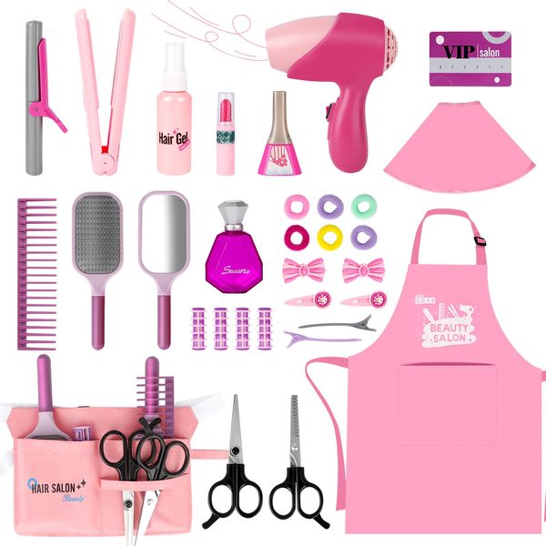 deAO Girls Beauty Salon Set, 32PCS Kids Beauty Salon Toy Kit,Pretend Play Hair Stylist Toy Kit with Hairdryer, Barber Costume Apron,Hair Styling Toy Playset for Girls