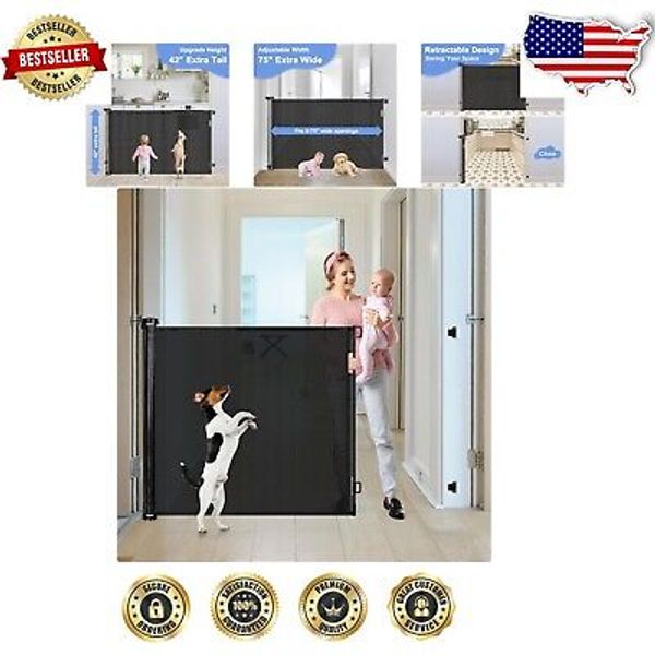 Versatile 42" x 75" Extra Tall Retractable Pet Gate for Indoor & Outdoor Use