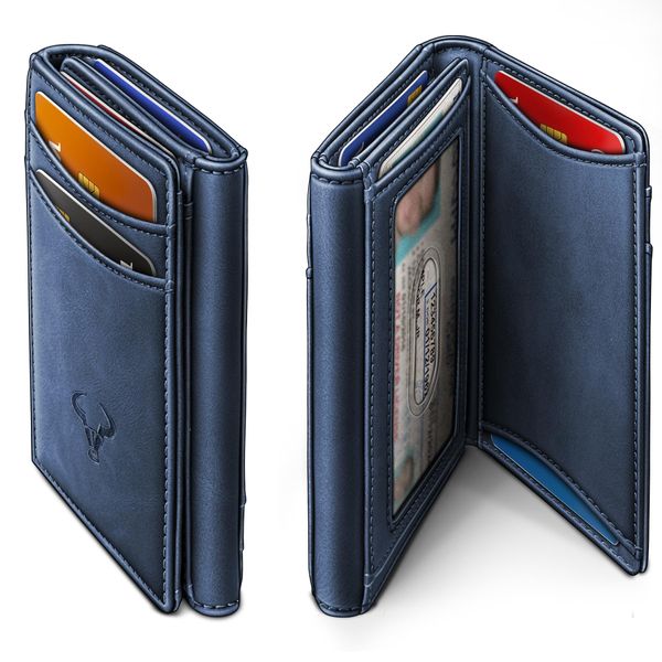 BULLIANT Men Wallet, Slim Front Pocket Leather Wallet Magnetic Closure for Gift Men 12Cards 4.3"*3.4" RFID Blocking