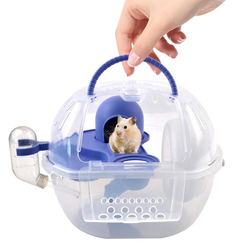 MUYG Hamster Carrier with Water Bottle,Portable Hamster Travel Cage,Breathable Rat Travel Carrier with Exercise Wheel Food Plate Acrylic Small Animal Carrying Case for Little Rats Mice (Blue)