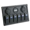 Interior Switch Panel, 6 Rungs, Splashproof, Rocker Switch, LED Pilot Lamp, Voltmeter, Cigar Plug, USB Powered, 100 Pcs Icon Stickers