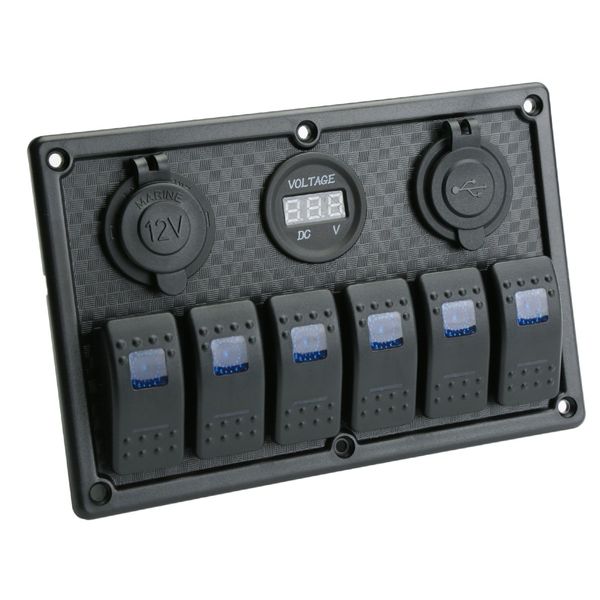 Interior Switch Panel, 6 Rungs, Splashproof, Rocker Switch, LED Pilot Lamp, Voltmeter, Cigar Plug, USB Powered, 100 Pcs Icon Stickers
