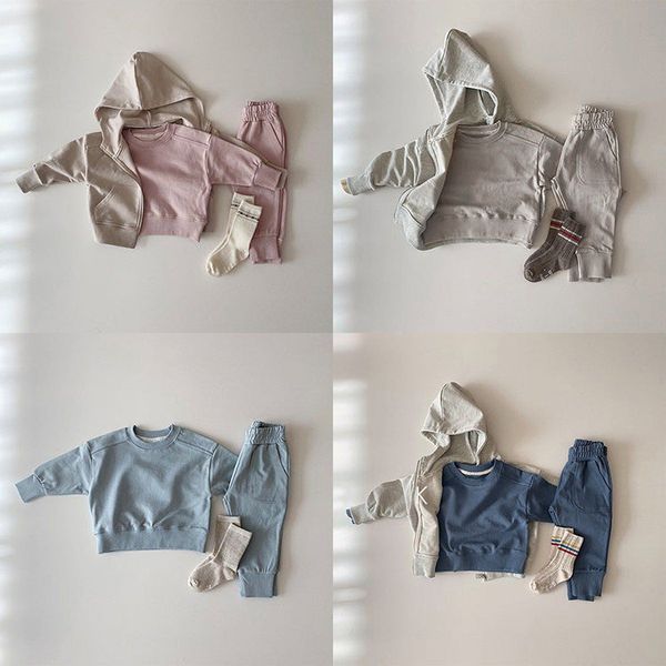 Baby Boy And Girl Solid Color Pullover Hoodies Combo Pants Pieces Sets - 73 (6-9M) / Pink