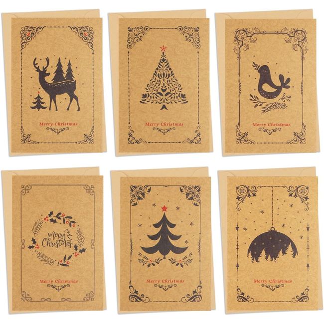 FINGOOO Christmas Cards, 6 Types, Set of 36, Greeting Cards, Thank You Messages, English, Simple, Brown Kraft Paper)