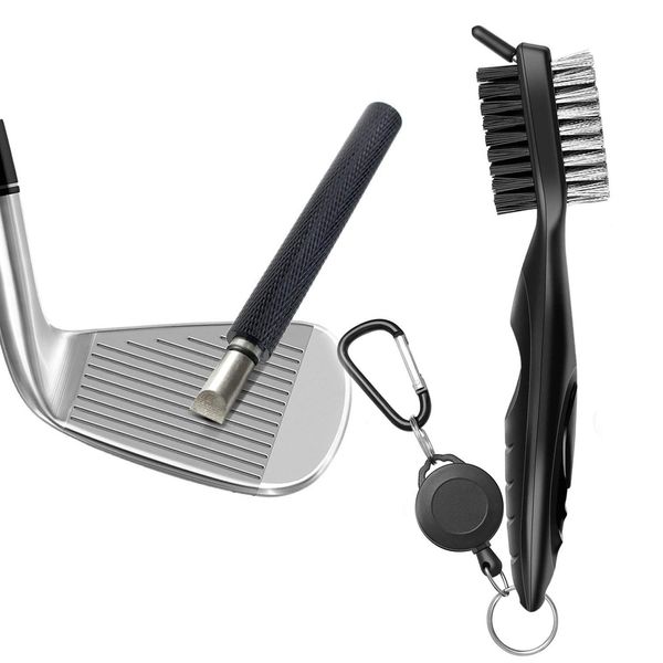 Gzingen Golf Tool Set, Golf Club Groove Sharpener and Retractable Golf Club Brush, Re-Grooving Tool and Cleaner for Wedges & Irons for Golfers, Practical Sharp and Clean Kits (Black Sharpener)