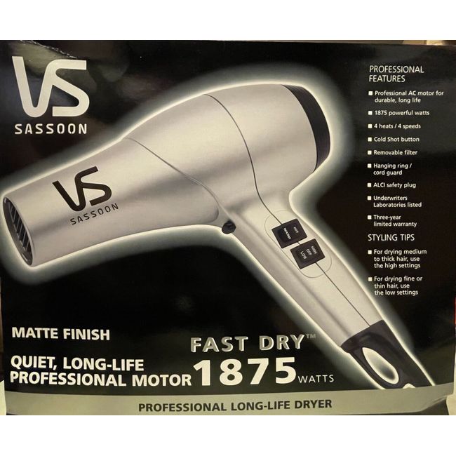 VS SASSOON VS 758 PRO HAIR DRYER 1875 W AC MOTOR 4 HEAT AIR  SETTINGS COLD SHOT