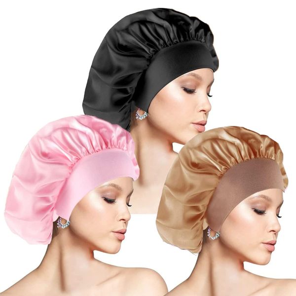 Hair Bonnet for Sleeping Wide Band Satin Bonnet, 3 Pcs Silk Bonnet Night Sleep Cap Silk Bonnet for Women Girls, Hat Elastic Hat Hair Bonnet for Night Sleep Curly Hair Protection(Diameter 12 In)