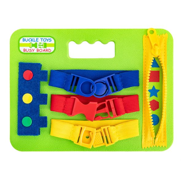 Buckle Toys Mini Busy Board - Montessori Learning Toy for Toddlers Great Kids Airplane Activities - Foam Sensory Board - Develop Fine Motor Skills - Green