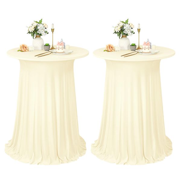 2er-Pack reisfarben Stehtisch Hussen Stretch mit Rock, 80 x 110 cm,schmutzabweisend, knitterfrei, waschbar, runder Stretch-Cocktail-Tischrock aus Polyester für Hochzeiten, Partys,Restaurants,Bankette