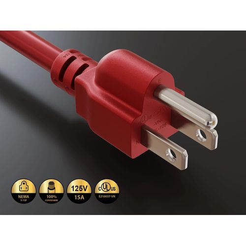 CableLeader 3ft 14 AWG 15A 125V Power Cord Cable NEMA 5-15P to IEC320 C15, Red, UL Listed