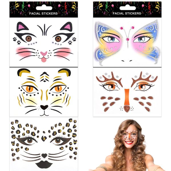 TOPJOWGA Face Art Sticker, 5 Blätter Gesichts-Tattoo, Ablösbare Gesicht Aufkleber, Gesichtstattoo Temporäres Leopard Tiger Schmetterlinge Katze Giraffe, Glitzer Face Paint für Karneval Halloween