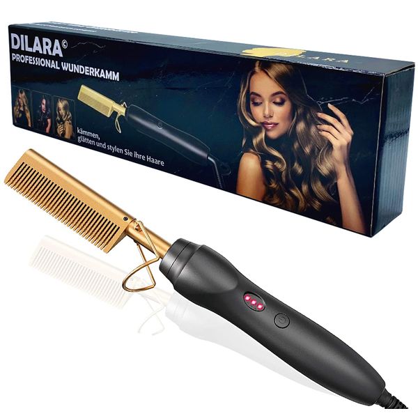 PREMIUM Professional Wunderkamm 2 in 1 Glätteisen I Keramik Haar- und Glättbürste zum Locken, Glätten, Kämmen und Stylen der Haare I Hot heat comb hair straightener für Damen und Frauen (Gold)