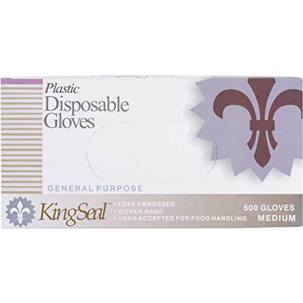 KingSeal Light Duty Poly Disposable Gloves, Powder-Free, Latex-Free, Size Medium - 4 Boxes of 500 Gloves By Weight (2000 Count)