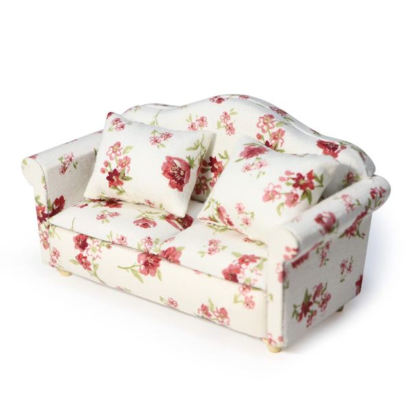 Dollhouse Couch Miniature Sofa with Pillows Dollhouse Living Room Funiture 1:12 Model 3 Pcs High Simulation Upholstered Armchair Mini Room Artificial House Scene Decoration (White Floral)