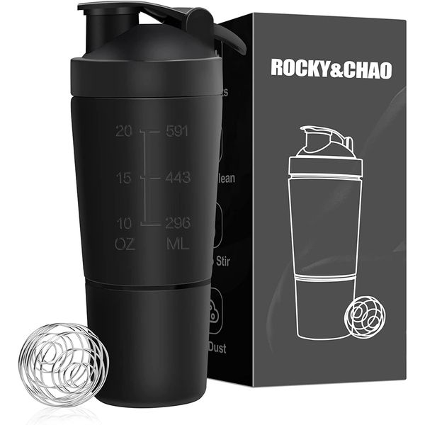 700ml Protein Shaker with 200ml Storage Cup, Metal Protein Shaker With Mixball, BPA Free&Leak-Proof Shaker Bottle For Protein Shakes, Stainless Steel Protein Shaker with Storage&Shaker Ball, Black