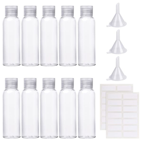 10Pcs Empty Travel Bottles Container Flip Cap Bottles Cosmetic Bottles with Funnels Syringe and Labels for Travel or Cosmetic(100ML)