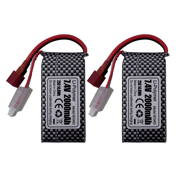 PUOO Accessory 2PCS 7.4V 2000mAh T-Plug Lithium Battery for 9200 HB101 9200E 200E 9202E 9203E 9204E 9205E 9206E 2995 YC300 HM101 25-DJ02 9125 S920 WLtoys RC Car Remote Control Boat