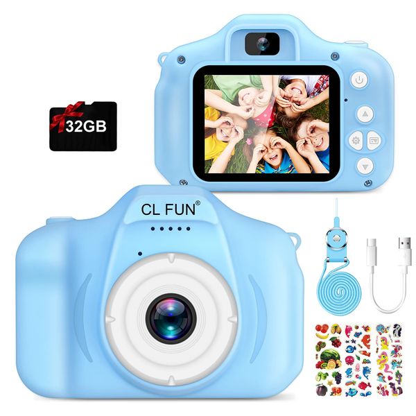 CL FUN Kids Camera, Video Camera for Kids Girls/Boys Age 3-12, HD Digital Camera for Toddler, Portable Kids Selfie Toy Camera with 32GB Card, Christmas Birthday Festival Present for Kids (Blue)