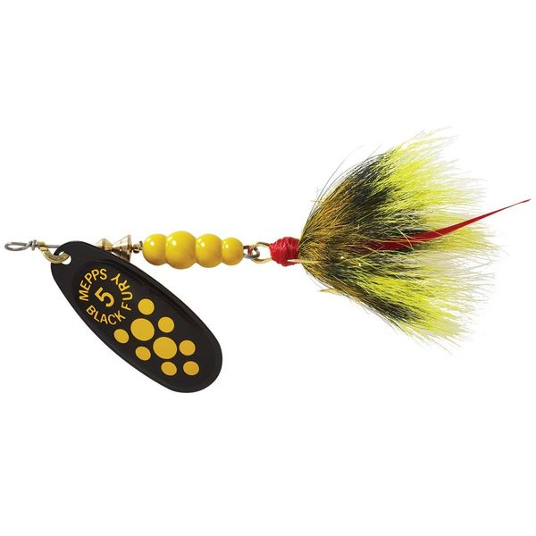 Mepp's Black Fury Dressed Treble Fishing Lure, 1/3-Ounce, Yellow Dot/Black Yellow Tail