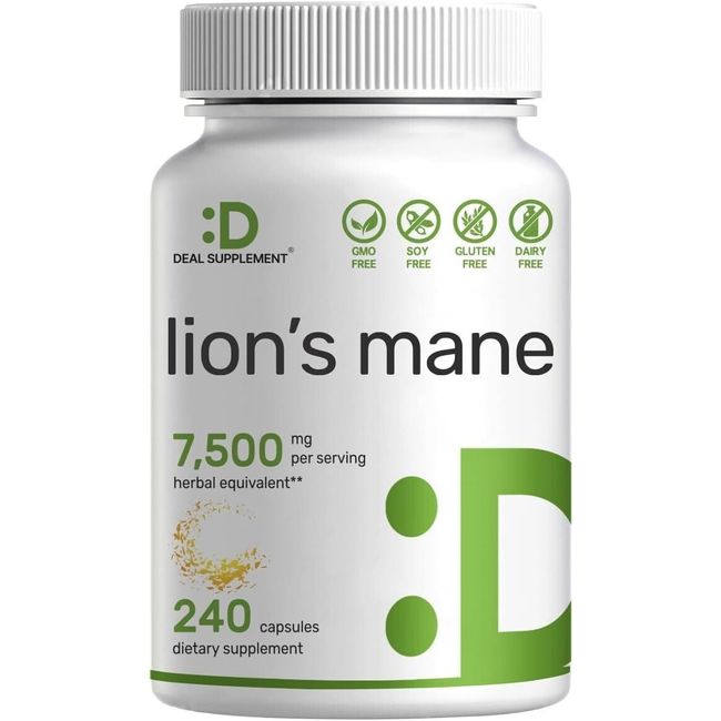 7500mg Organic Lion's Mane Mushroom 240 Powder Capsules Lions Dietary Supplement