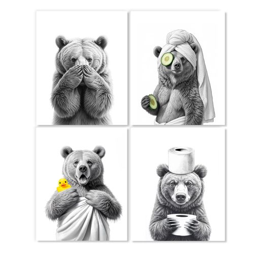 LUKIPOM Funny Bear Bathroom Wall Art Prints 8x10 Set of 4, Funny Bear Wall Art Posters for Bathroom Washroom Restroom Decor, Unframed