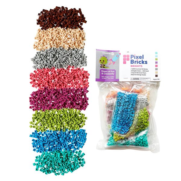 Creative QT Pixel Bricks Mosaic Kit, 8 Bright Colors, 1x1 Build Bricks, 1600 Pieces, Nano Blocks Art Set for Kids & Adults, includes 2 Quick-Removal Tools and Design Guide, STEM Building Toy