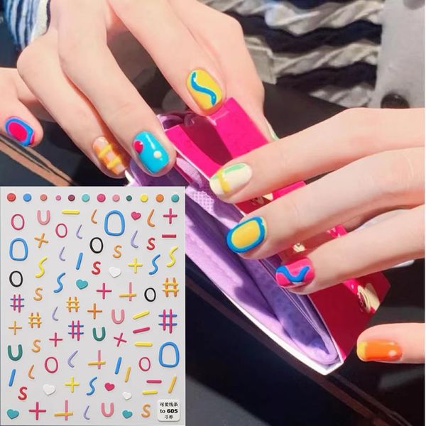 Colorful Line Embossing Nail Art Sticker Decal Cute Line Nail Art Sticker Colorful Graffiti Symbol Preloaded Adhesive Nail Art Stickers for Nail Art Design(2 Pcs) + Multi-functional Nail Tweezers Set