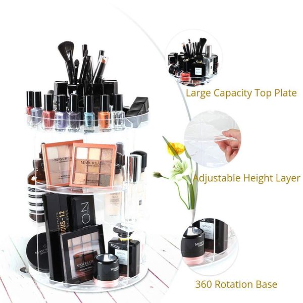 SUNFICON Rotating Makeup Organizer 360 Rotation Cosmetic Storage Holder Crystal Clear Acrylic Makeup Turntable Spin Display Stand Bathroom Bedroom Countertop Vanity Dressing Table Gift Girl Lady Women