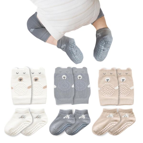 Knieschoner Baby Krabbeln 3 Paar Knieschoner Baby und 3 Paar Krabbelsocken Baby Anti Rutsch Krabbel Knieschoner mit Gummipunkte Krabbelschoner Knie Socken Krabbelhilfe Jungen Mädchen 6-12 Monate (S)