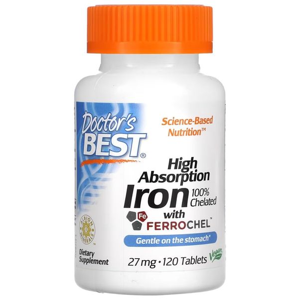 Doctor's Best - High Absorption Iron | High Bioavailability, 27 mg Iron - 120 Tablets