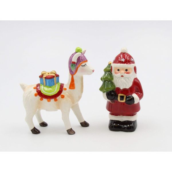 Fine Ceramic Santa with Llama Salt & Pepper Shakers Set, 4"